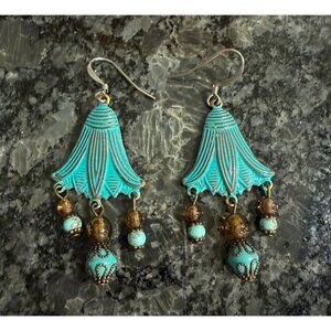 Vintage-Style Turquoise & Bronze Drop Earrings With Floral Dangle & Beaded Accen